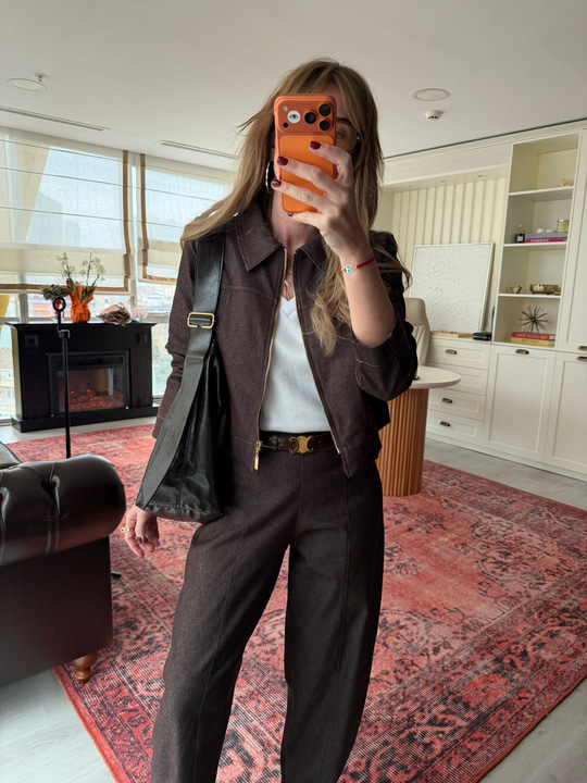 Önden Fermuarlı , Acıkahve , Likralı Gabardin Ceket