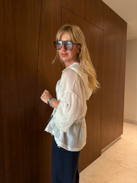 Beyaz, Taşlı Belden Büzgülü Premium Tencel Ceket