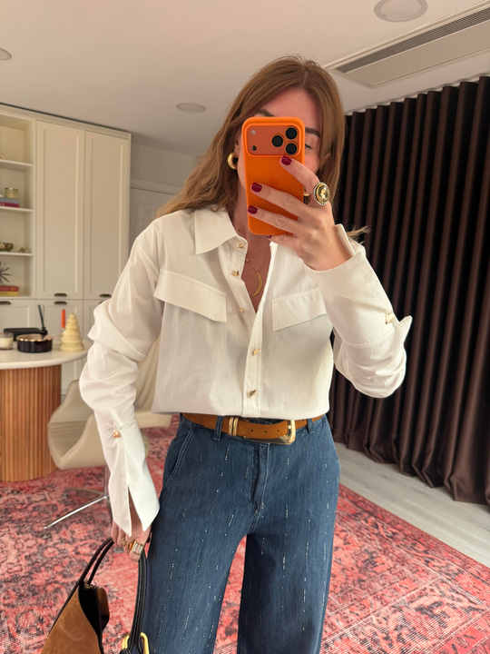 Orijinal Model , Gold Düğmeli , Ekru  Manşetli Gömlek