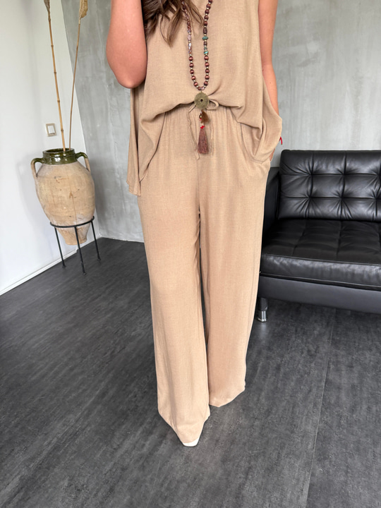 Bej , Beli Lastikli , Tencel Keten , Palazzo Pantolon