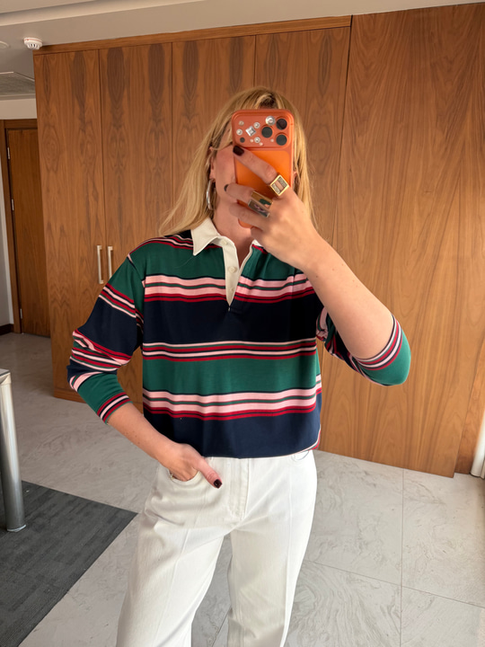 Polo Yaka Çizgili Premium Tiril Sweatshirt