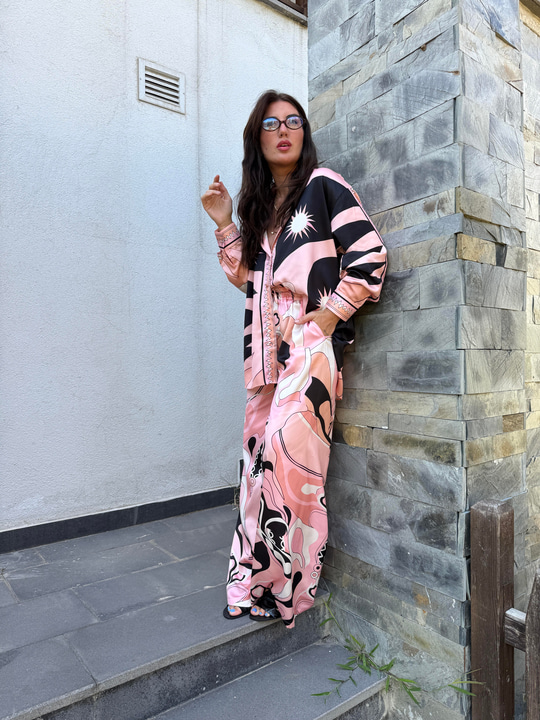 Orijinal Model , Beli Lastikli , Pantolon & Gömlek , Desenli , Pembe Saten Takım