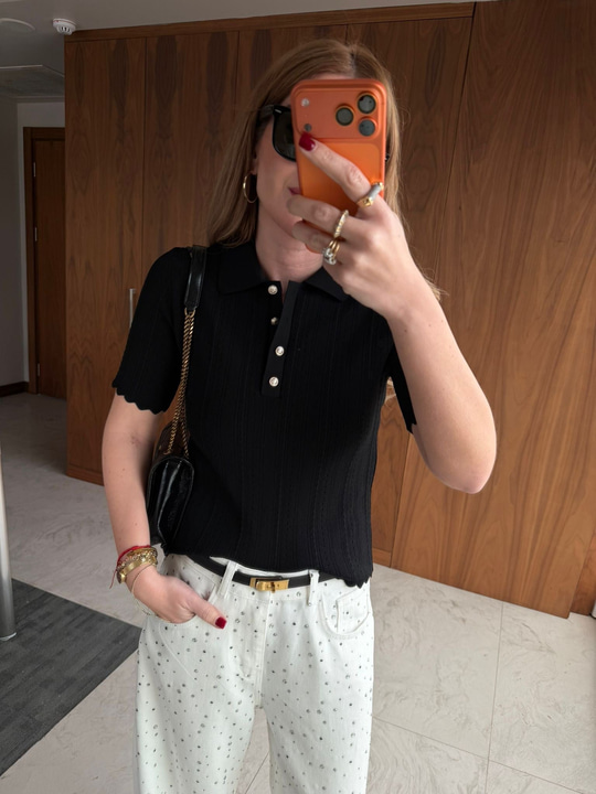 Polo Yaka , Gold Düğmeli , Siyah , Saç Örgü Triko