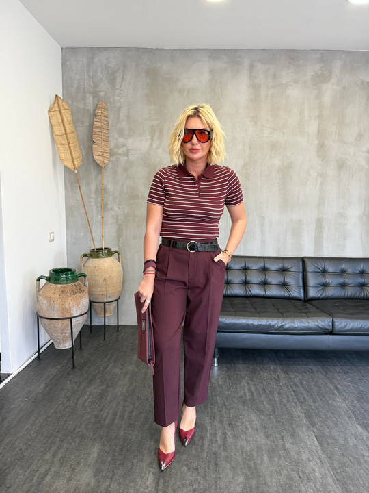 Bordo , Polo Yaka , Çizgili T-shirt