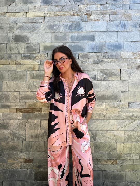 Orijinal Model , Beli Lastikli , Pantolon & Gömlek , Desenli , Pembe Saten Takım