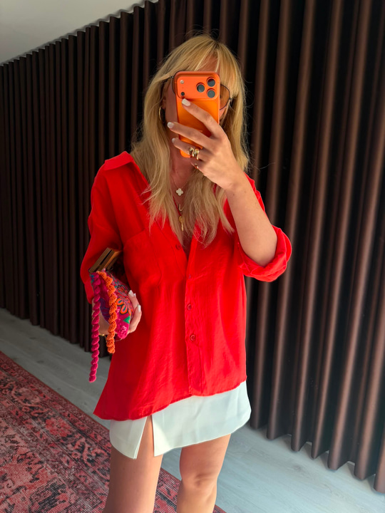 Kırmızı  , Tencel , Oversize Gömlek