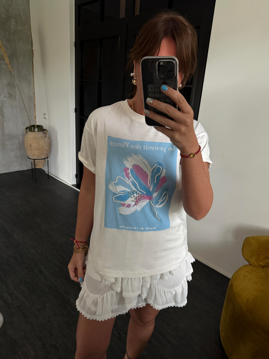 Taş İşlemeli, Mavili Desenli , Beyaz T-shirt