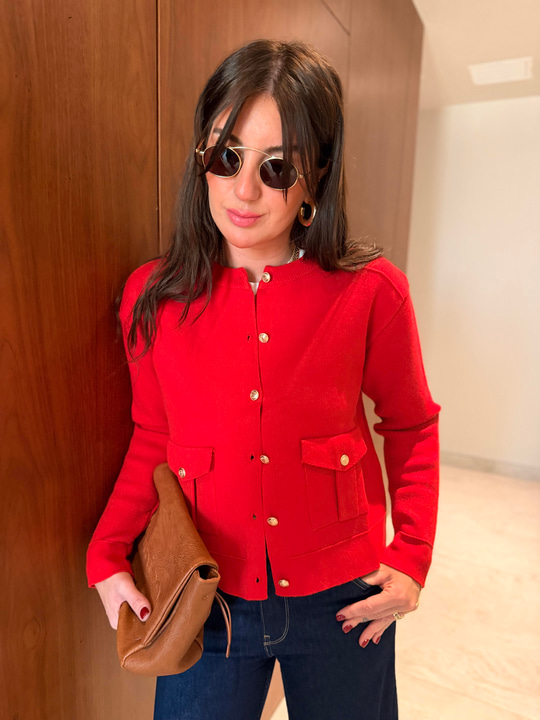 Kırmızı , Gold Düğmeli , Yumuşacık , Premium Triko Ceket