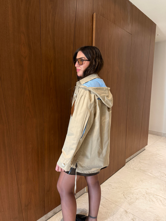 Orijinal Model , Deri Detaylı , Bej & Bebe Mavisi , Kapüşonlu Ceket