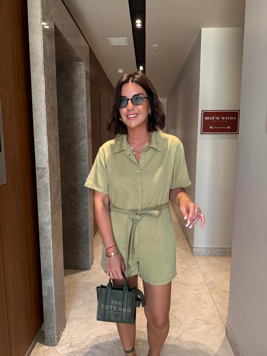 Tencel Dokulu , Kuşaklı , Haki , Şort Tulum