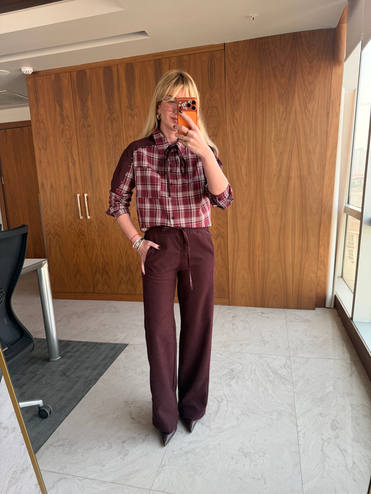 Orijinal Model, Bordo Ekoseli, Taş Detaylı Premium Gömlek & Pantalon Takım