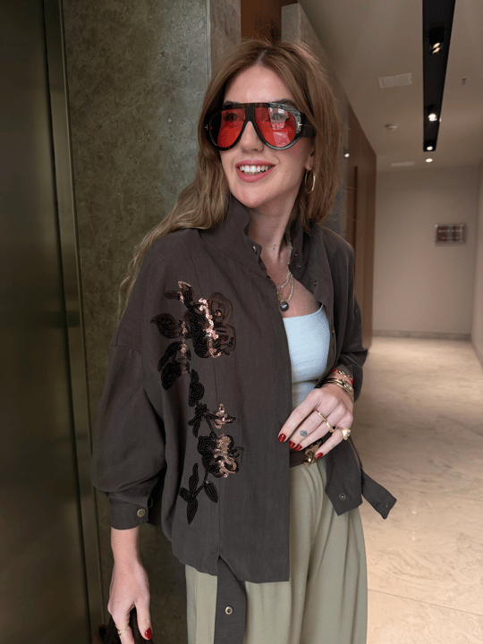 Pul Payet İşlemeli , Acıkahve , Premium Tencel , Bomber Ceket