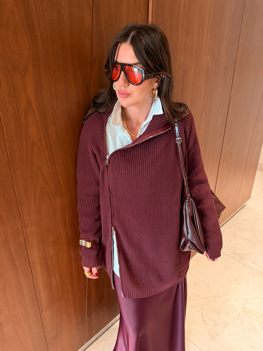 Yandan Çift Fermuarlı , Dik Yaka , Mürdüm Triko