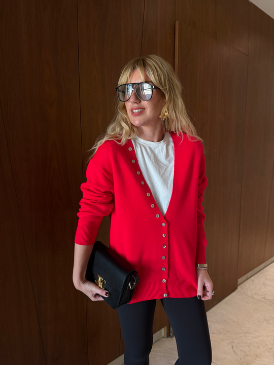 Boydan Düğme Detaylı , Kırmızı Triko Hırka