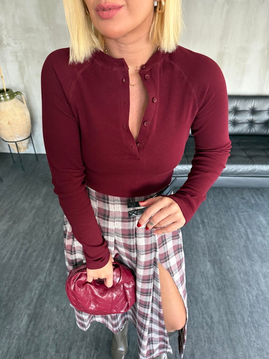 Önden Yarım Düğmeli , Bordo Body