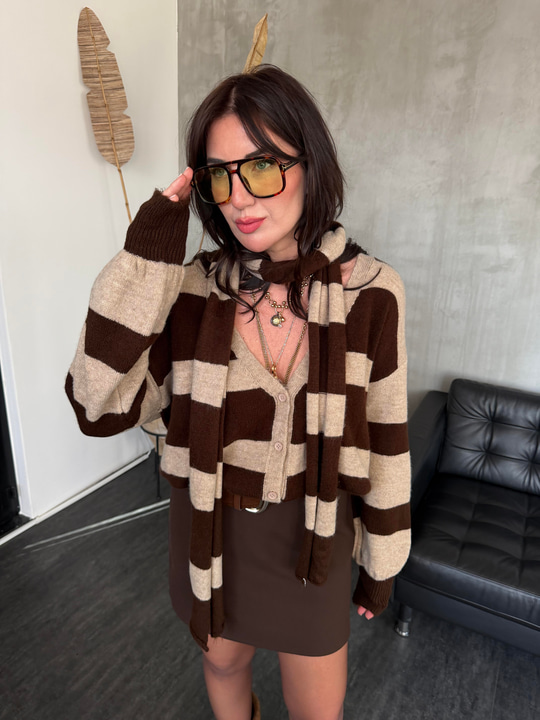 Orijinal Model , Bej & Acıkahve , Atkılı Triko Hırka
