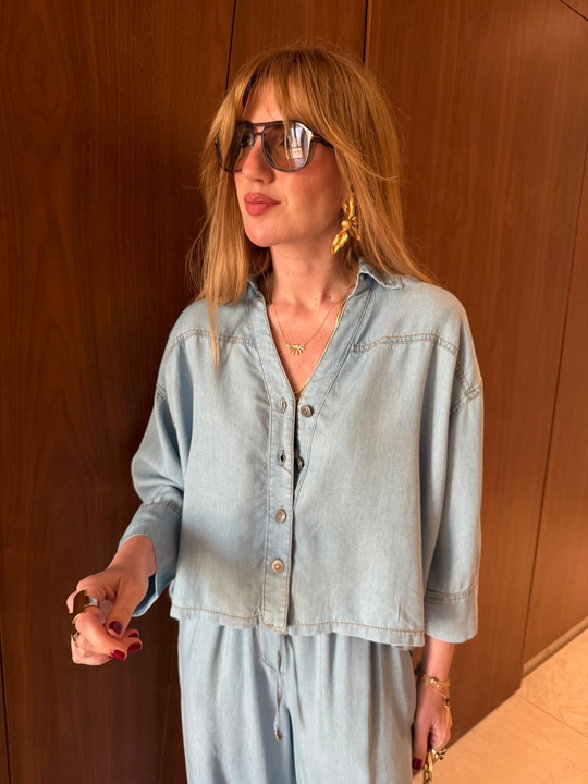 %100 Tencel Buz Mavisi Gömlek Pantalon Takım
