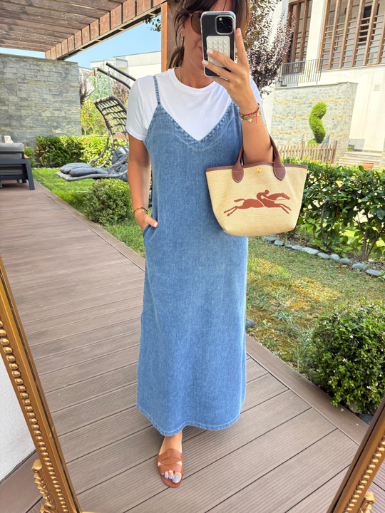 Premium , Beyaz Modal Bluz & Askılı Jean Elbise