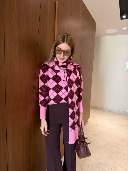 Pembe & Bordo Baklava Desenli , Yumuşacık Atkılı Triko