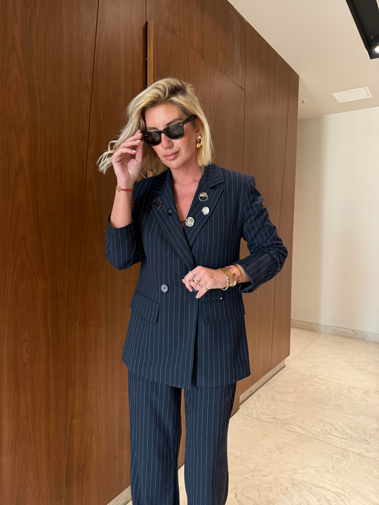 Lacivert , Çizgili , Metal Broşlu , Premium Blazer Ceket 