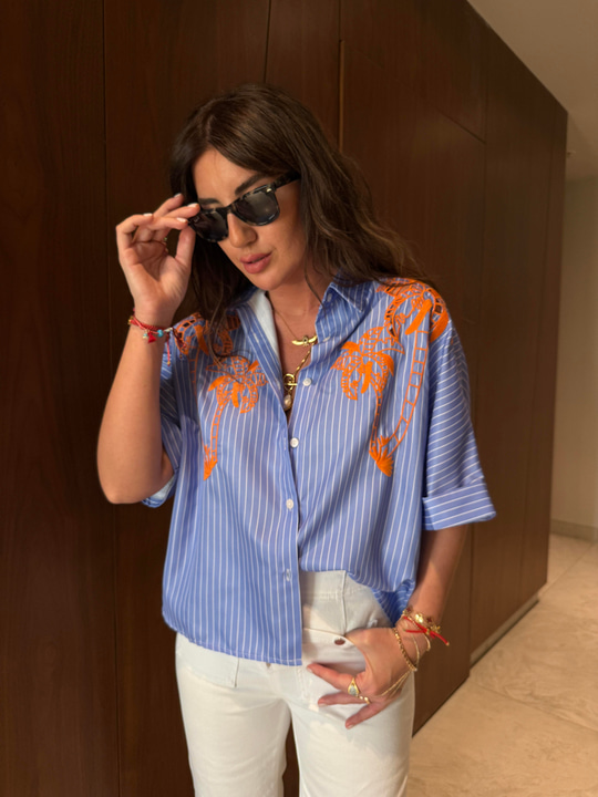 Özel Üretim Orange Nakışlı, Çizgili Poplin Gömlek