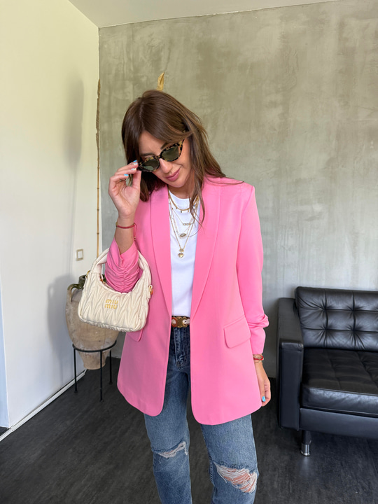 Orijinal Model , Kolu Büzgülü , Likralı , Pembe Blazer Ceket