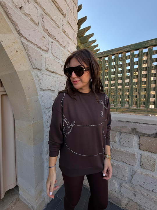 Orijinal Marka , Taş İşlemeli , Acı Kahve Sweatshirt