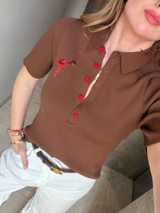 Polo Yaka , Payet İşlemeli , Acıkahve Merserize
