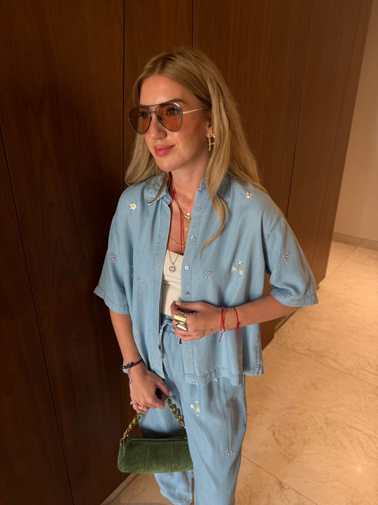 Çiçek Nakışlı , Beli Lastikli , Tencel Jean Takım