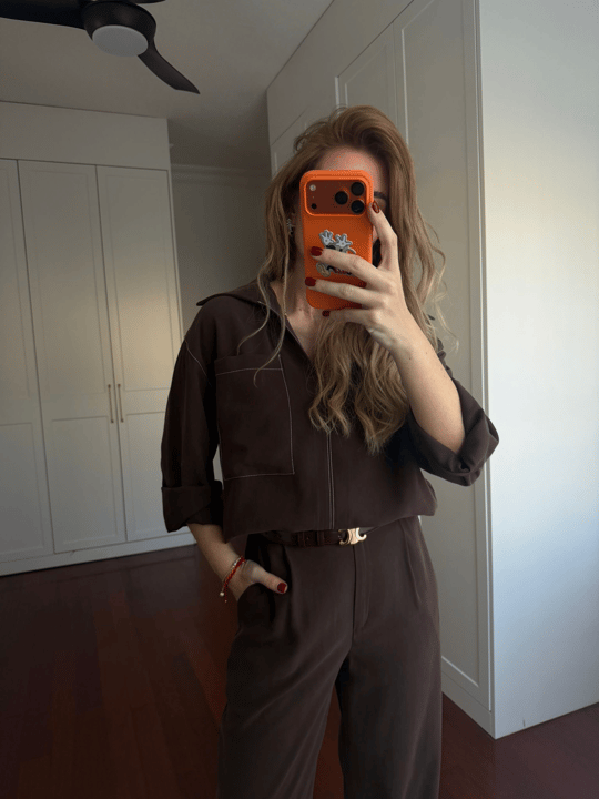 Orijinal Model , Beyaz Dikiş Detaylı , Tok Tencel , Acıkahve Takım