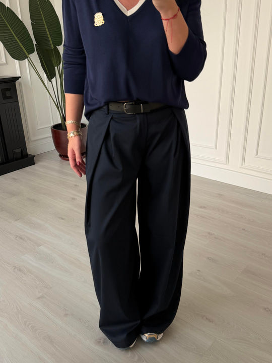 Kemerli Lacivert Palazzo Pantalon
