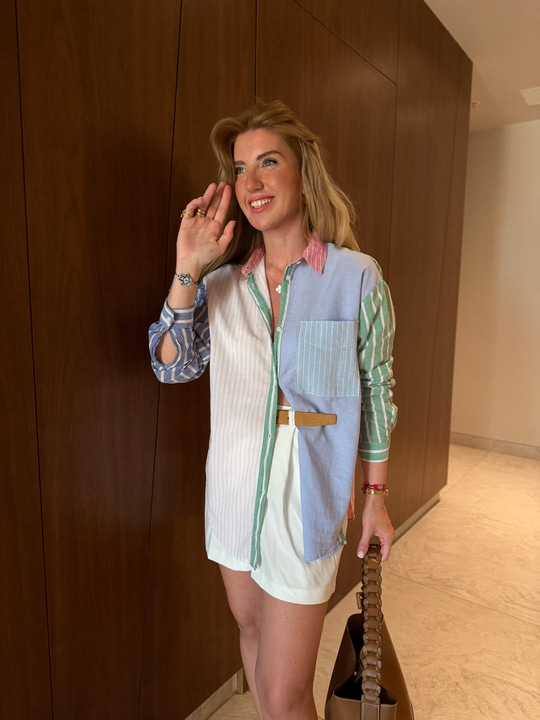 %100 Cotton , Yeşil & Mavi Şeritli , Tasarım Gömlek