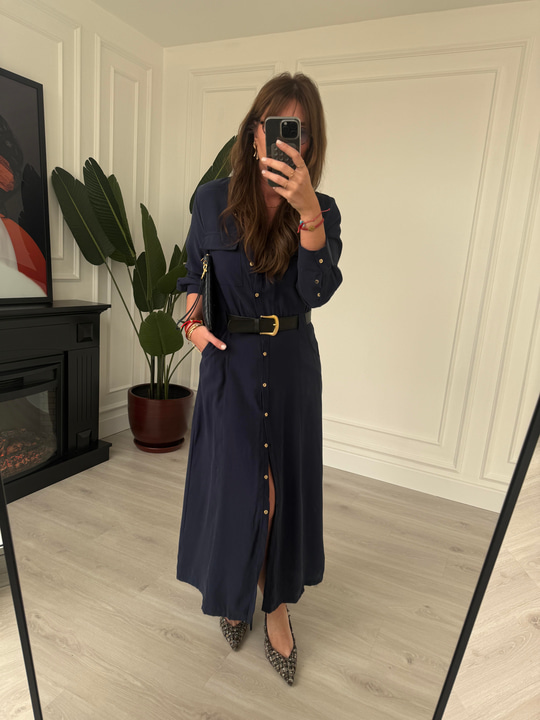 Premium Tok Tencel, Kemerli Lacivert Gömlek Elbise