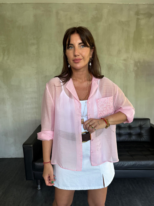 Cebi Nakış İşlemeli , Pembe , Tiril Gömlek