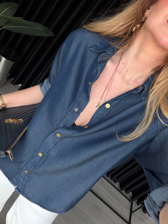 Lacivert Kravatlı Premium Tencel Jean Gömlek