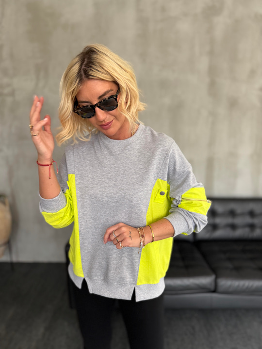 Orijinal Model , Sarı Neon Detaylı , Gri Sweatshirt