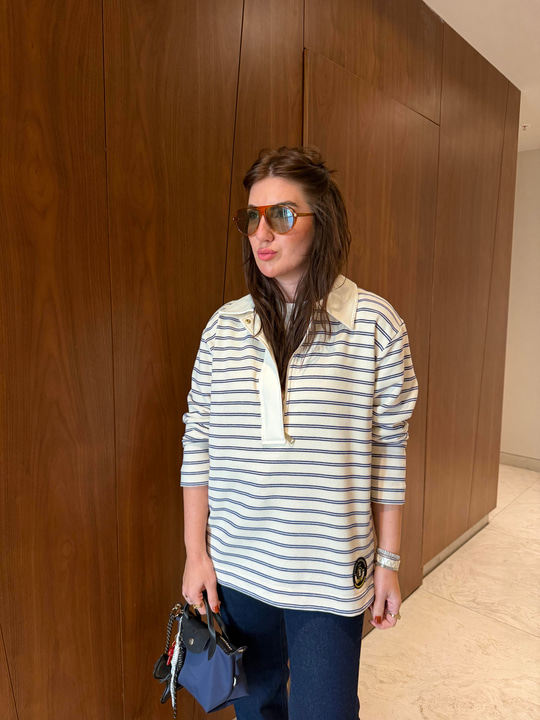 Yarım Fermuarlı , Lacivert Çizgili , Polo Yaka Sweatshirt
