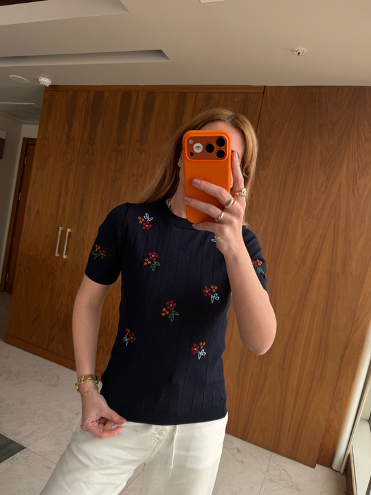 Çiçek Nakışlı , Lacivert Triko