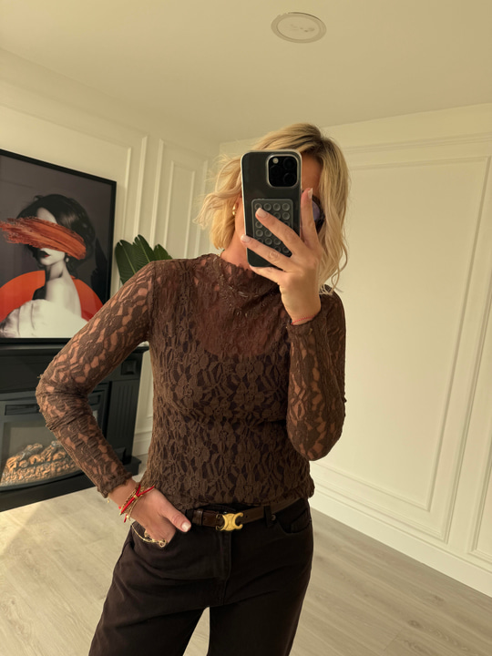 Likralı Acı Kahve Dantel Bluz