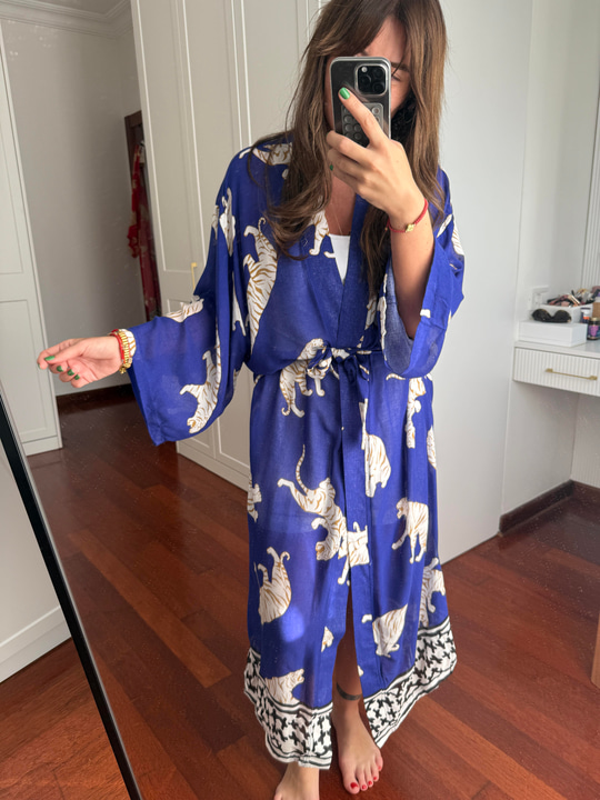 %100 Pamuk , Kaplan Desenli , Mavi Kimono