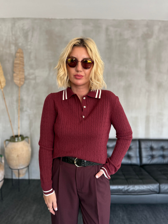 Polo Yaka , Yumuşacık , Düğmeli Bordo Triko