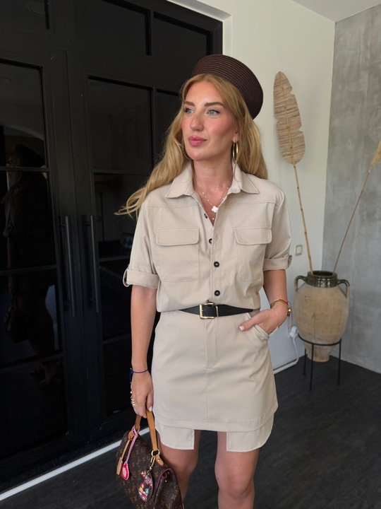 Orijinal Model , Kemerli , Etek & Gömlek , Bej Gabardin Takım