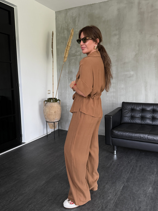 Camel Tencel Ceket & Beli Lastikli Pantolon Takım