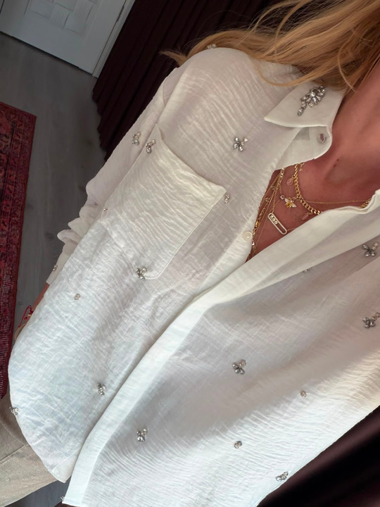 Zirkon Taş İşlemeli , %100 Cotton Beyaz Gömlek