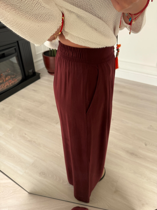 Premium , Arka Beli Lastikli , Bordo Tencel Palazzo