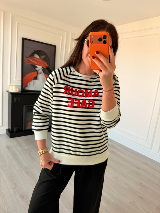 Orijinal Marka , Kırmızı Yazılı , Çizgili Sweatshirt