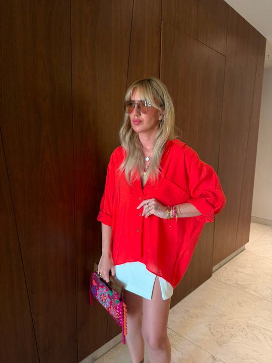 Kırmızı  , Tencel , Oversize Gömlek