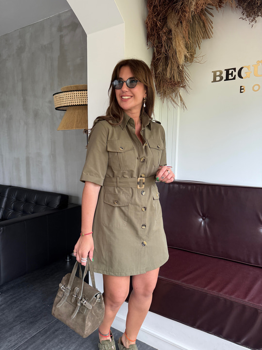 Orijinal Model , Kemerli , Düğmeli , Haki Elbise