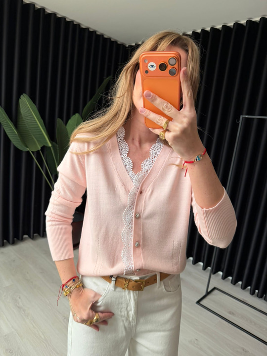 Dantel Detaylı , Pembe Merserize Triko