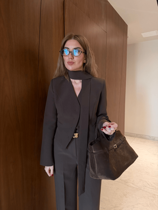 Gizli Düğmeli , Fularlı , Acıkahve Blazer Ceket